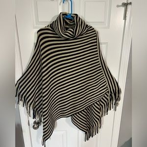 Cowlneck Poncho black and Tan strips with fringe